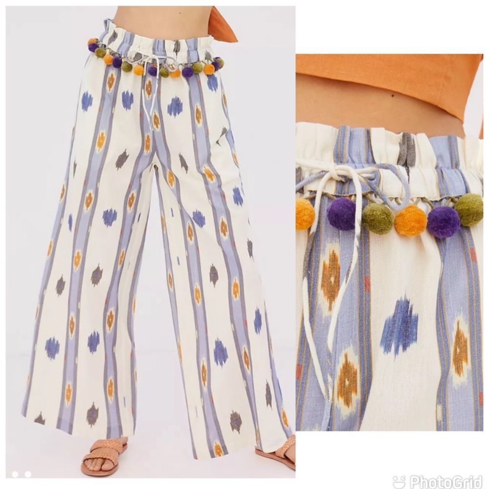 - NEW Ollari Anthropologie Linen Blend Pom Pom Pants Large